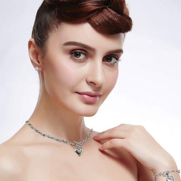 Heart Chain Necklace + Heart Bracelet for Women Girls Hearts Pendant Toggle Char - Picture 2 of 7